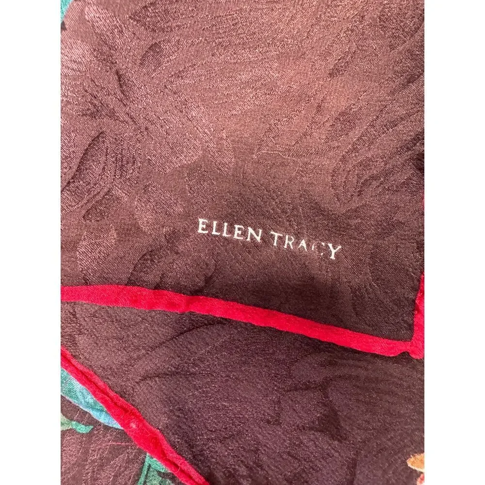 Ellen Tracy Floral Silk Blend Square Scarf Brown Red Tulip Garden Wrap